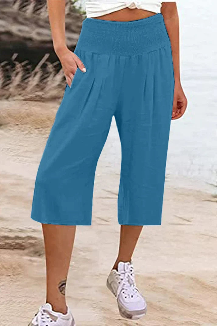 W&W Mode - Einfache Hose mit hoher Taille und weitem Bein, einfarbig, mittlere Länge