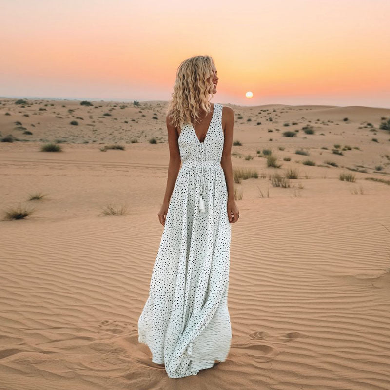 W&W Mode | Bohemian-Patchwork-Kleid Mit V-Ausschnitt Und A-Linie In Punkten