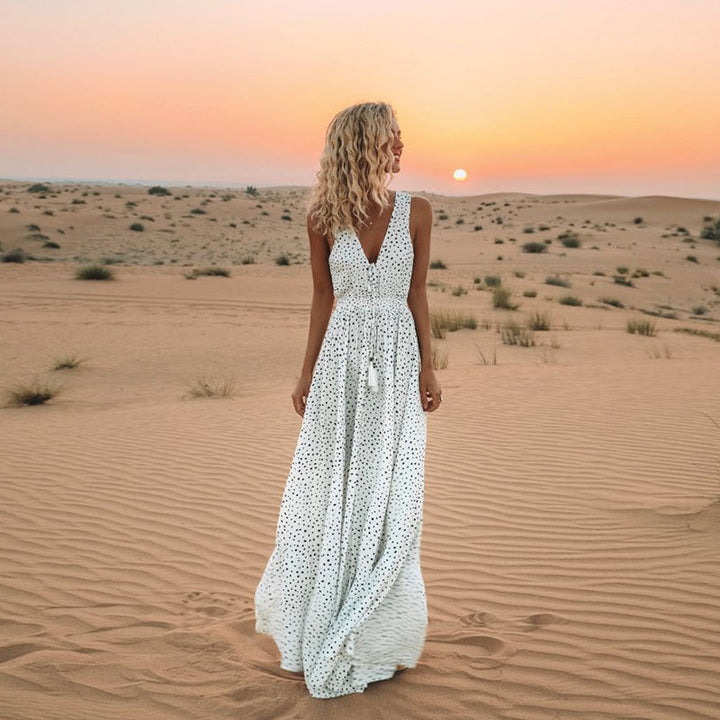 W&W Mode | Bohemian-Patchwork-Kleid Mit V-Ausschnitt Und A-Linie In Punkten