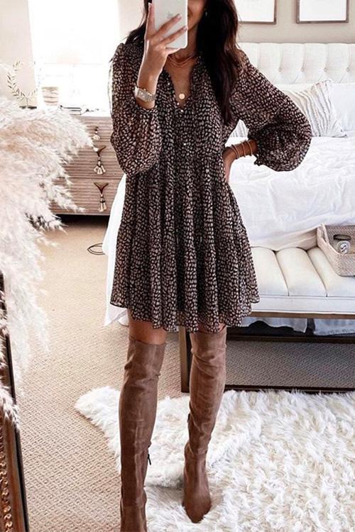 Damen Leoparden-Minikleid mit V-Ausschnitt und langen Ärmeln