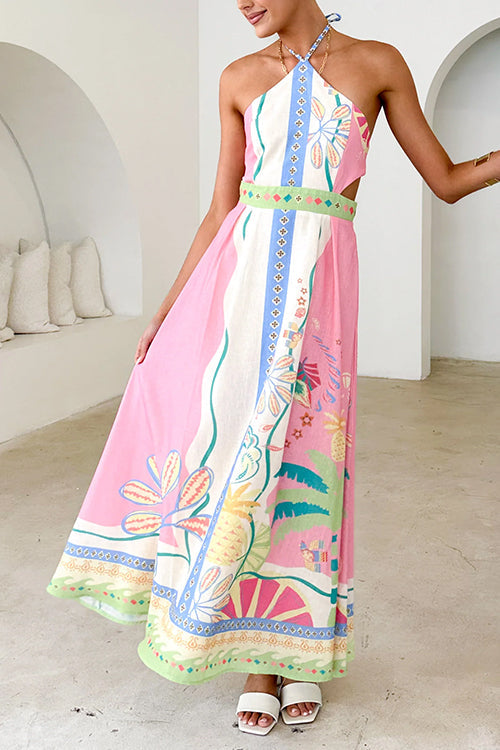 W&W Mode | Halter Schnürung Rückenfreies Rio Print Maxi Kleid