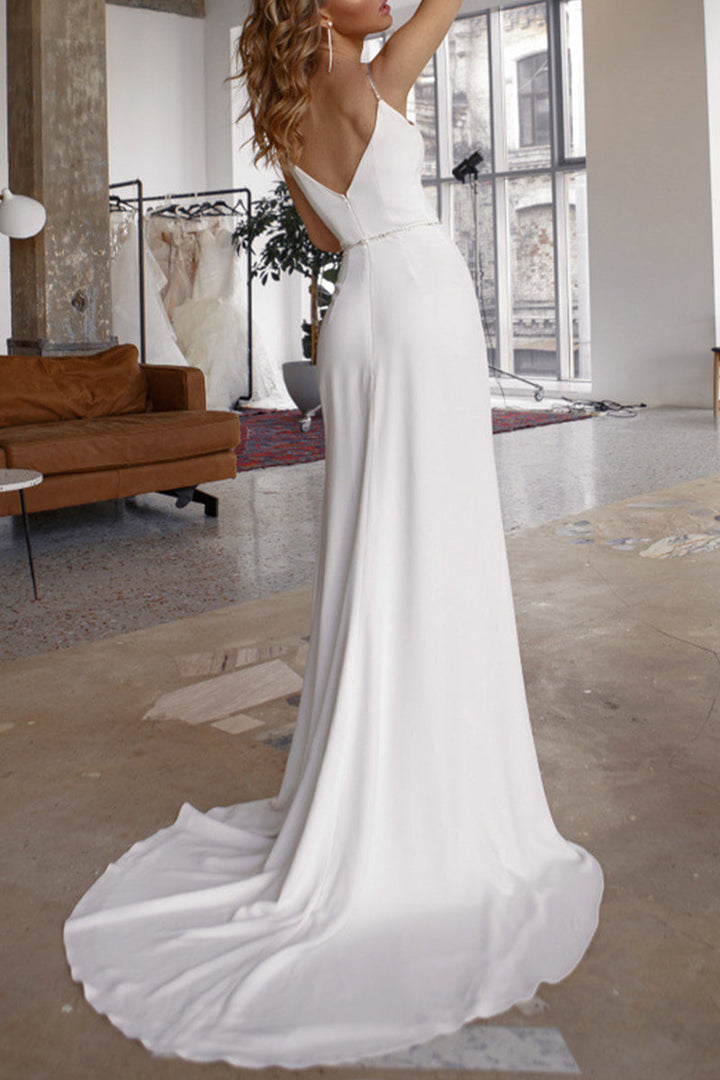 W&W Mode | Sexy Elegante Einfarbige Schlitz V-Ausschnitt Abendkleid Kleider