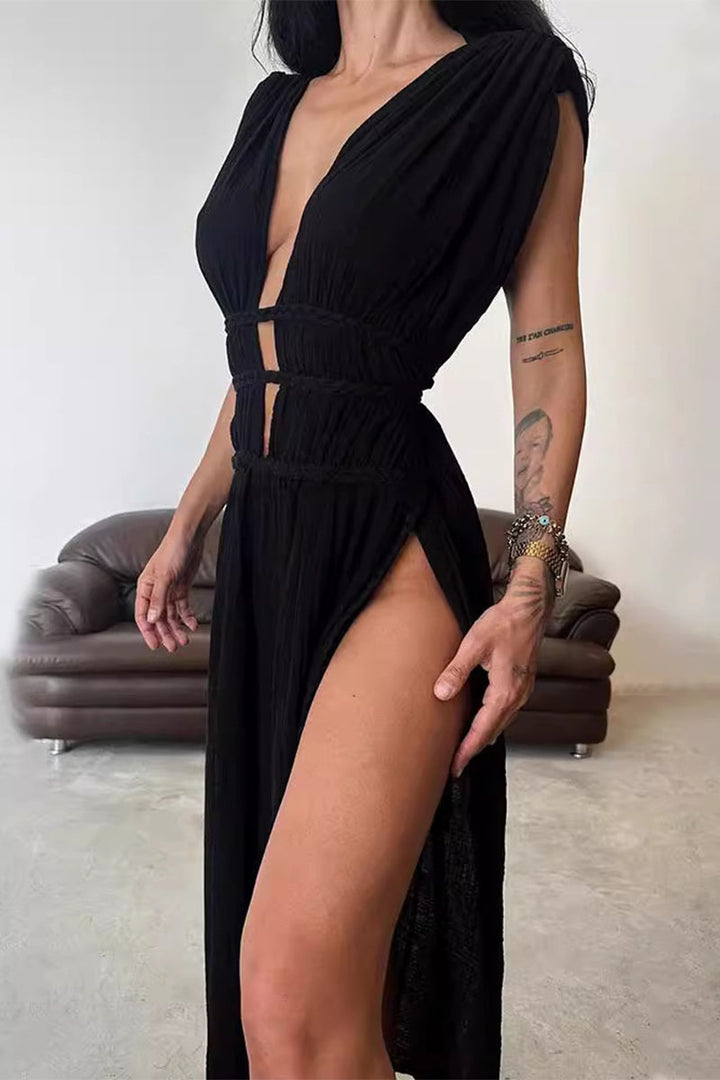 W&W Mode | Sexy Bohemian Einfarbige Schlitz V-Ausschnitt Strandkleider