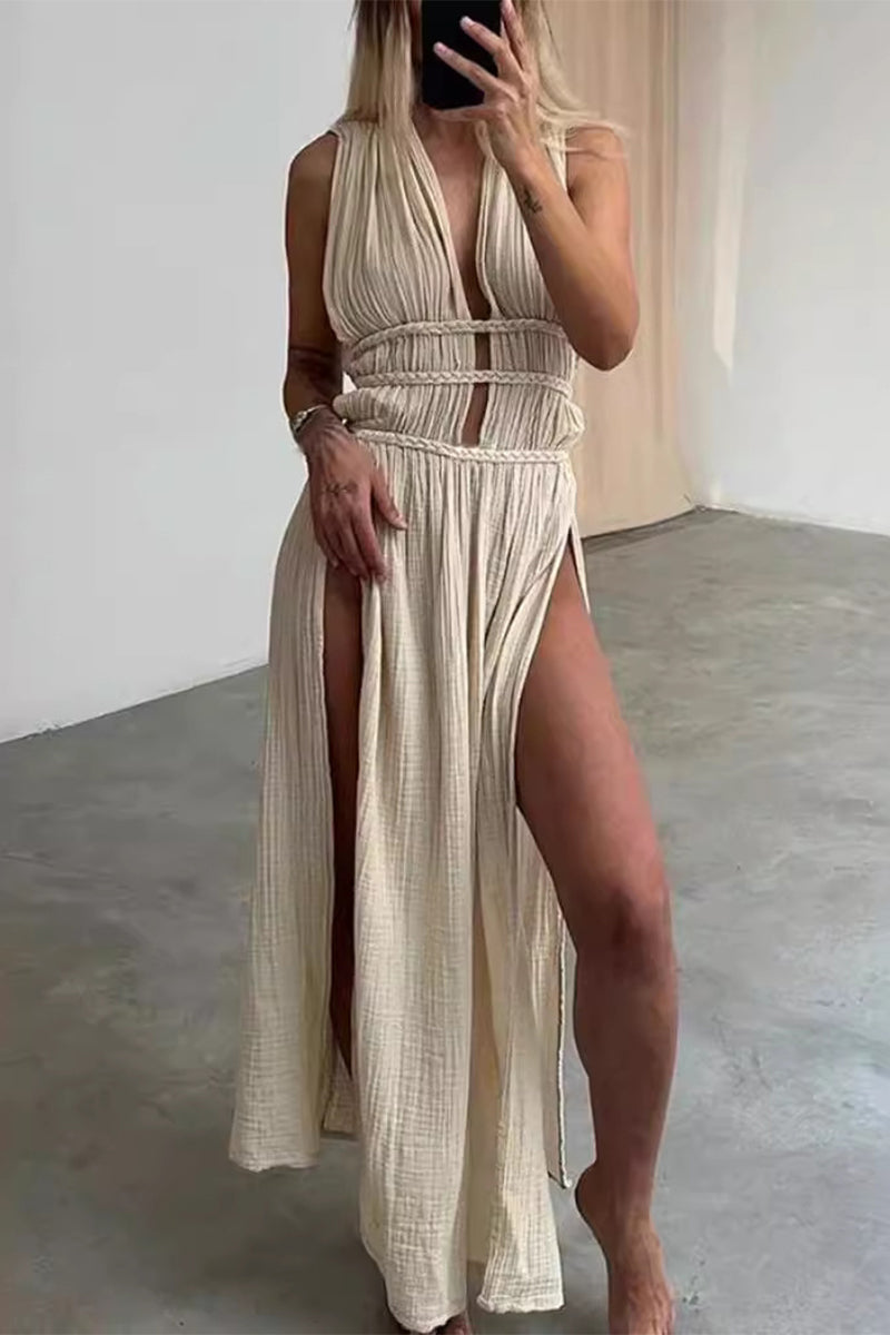 W&W Mode | Sexy Bohemian Einfarbige Schlitz V-Ausschnitt Strandkleider