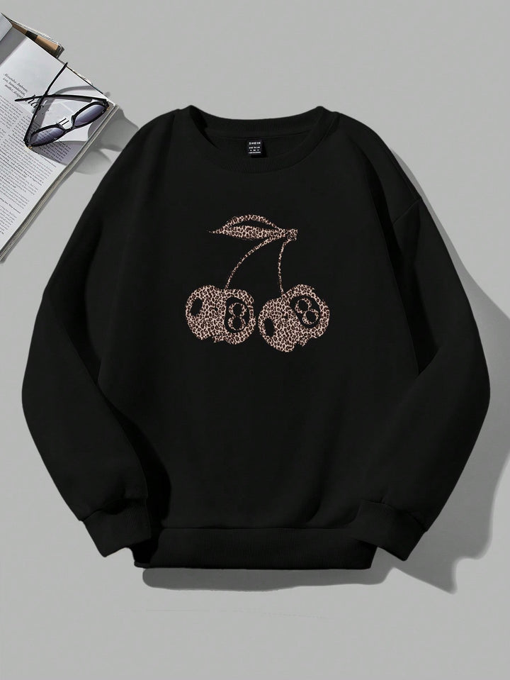 W&W Mode | Lässiges Leopard- und Kirschgrafik-Sweatshirt in Schwarz