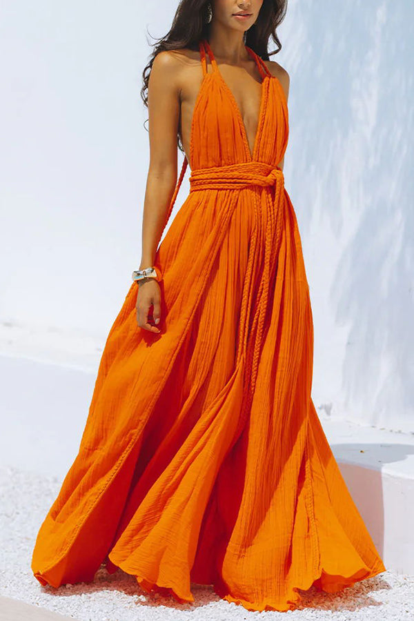 W&W Mode Whispers – Drapiertes Maxikleid aus Leinenmischung mit tiefem V-Ausschnitt, Neckholder und rückenfreiem Überzug