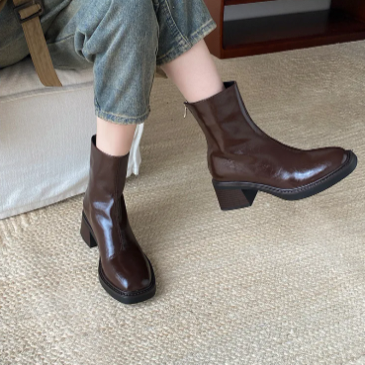 Damen-Leder-Ankle-Boots mit Blockabsatz