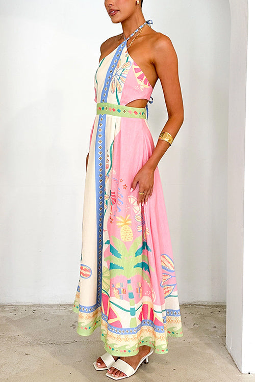 W&W Mode | Halter Schnürung Rückenfreies Rio Print Maxi Kleid