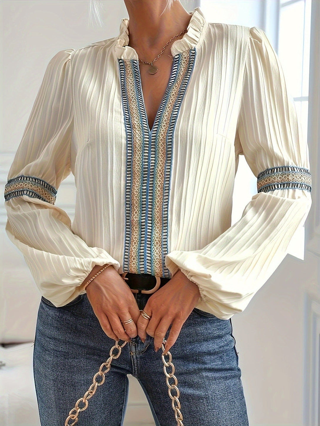 W&W Mode Spitzen-Patchwork-Shirt mit V-Ausschnitt
