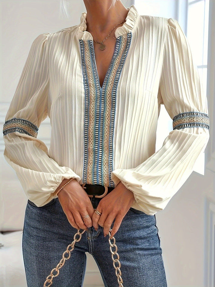 W&W Mode Spitzen-Patchwork-Shirt mit V-Ausschnitt