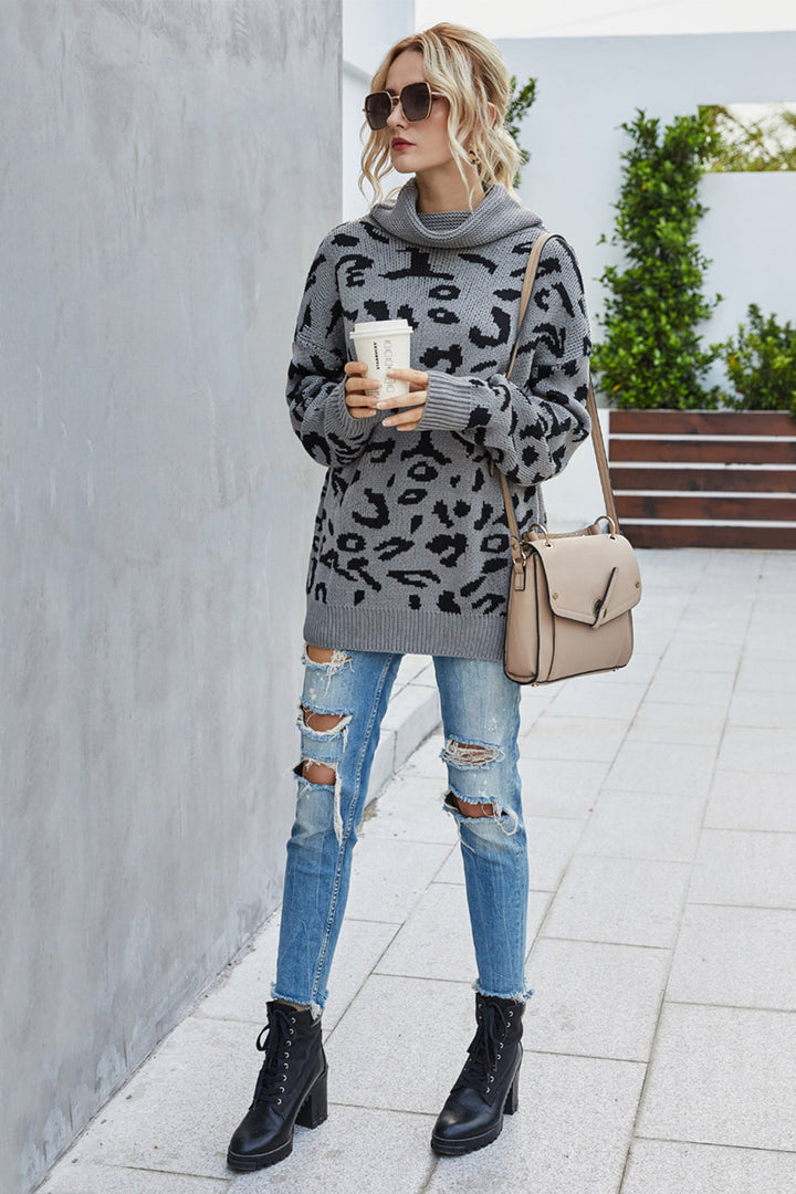 W&W Mode Lockere Leopardenmuster Umlegekragen Pullover