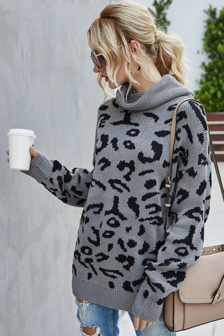 W&W Mode Lockere Leopardenmuster Umlegekragen Pullover