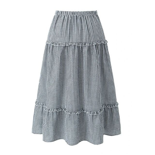 W&W Mode | Gestuftes Gingham-Midirock mit Rüschendetail