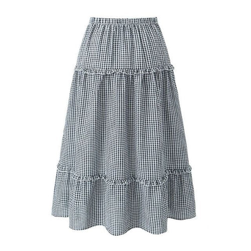 W&W Mode | Gestuftes Gingham-Midirock mit Rüschendetail