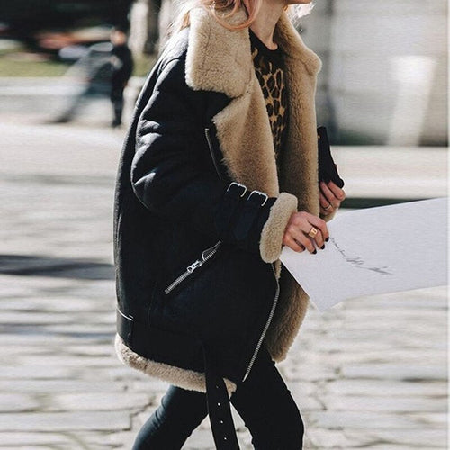 Damen Aviator-Jacke mit Kunstfellkragen und Reißverschlusstaschen