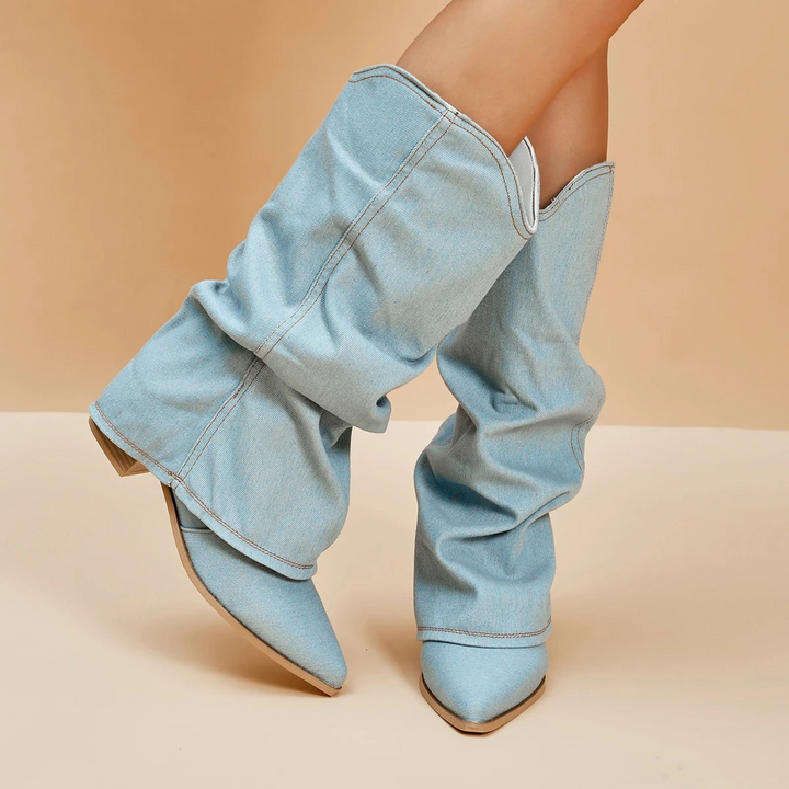 W&W Mode | gefaltete denim-stiefel mit blockabsatz