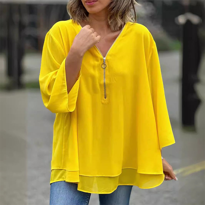 W&W Mode | Chiffon Reißverschlussoberteil V-Ausschnitt