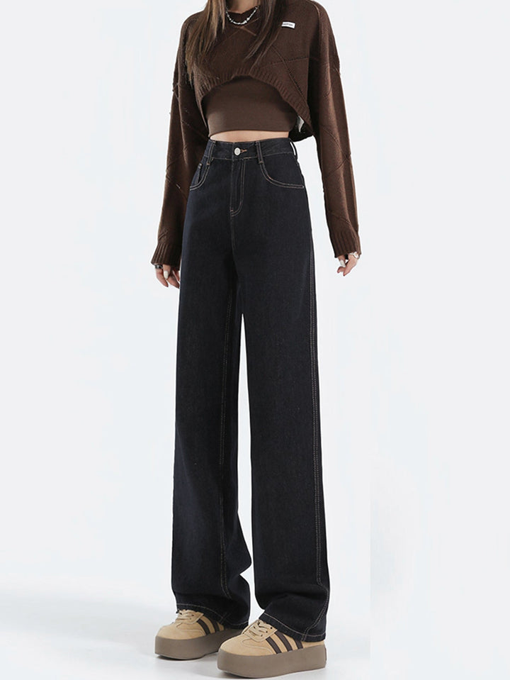 W&W Mode | Lockere Dunkle Hohe Taillen Bodenlange Denim Hose