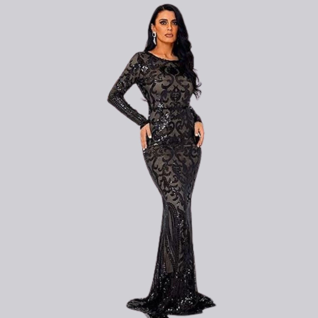 Damen Abendkleid mit langen Ärmeln und Pailletten