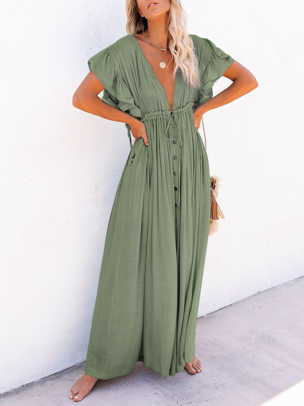 W&W Mode | Stil Maxi Kleid mit Flatterärmeln für Frauen
