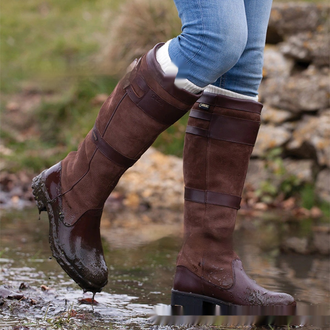 W&W Mode | Outdoor-Stiefel mit hohem Schaft und Schnallen - Leder-Regenstiefel für Damen