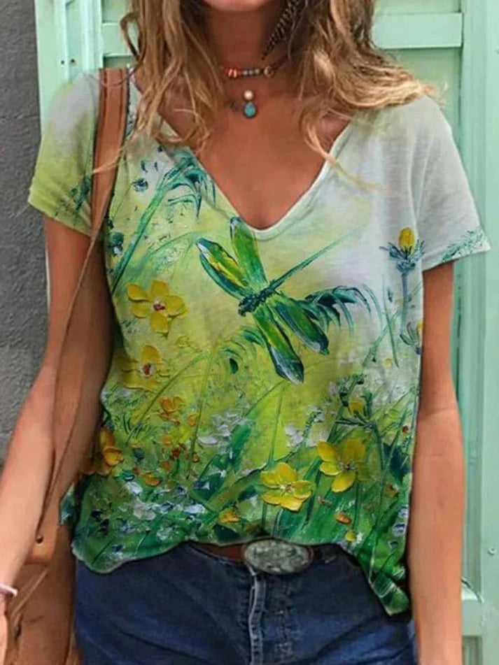 W&W Mode | Shirt Mit V-ausschnitt Malerei Blumenkunst