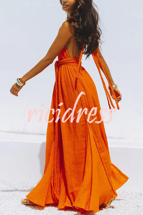 W&W Mode Whispers – Drapiertes Maxikleid aus Leinenmischung mit tiefem V-Ausschnitt, Neckholder und rückenfreiem Überzug