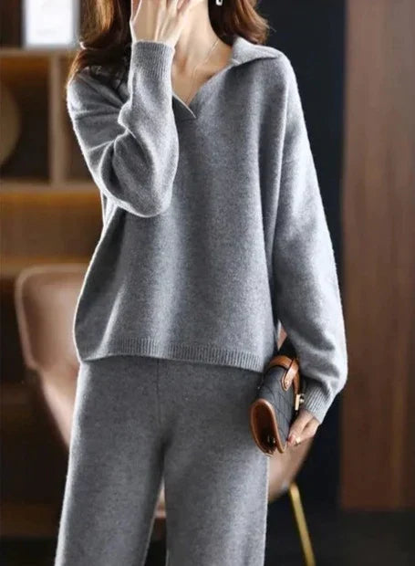 W&W Mode - 2 Stück Set Ladies Oversized Trainingsanzug Polo Kragen Pullover und Hose
