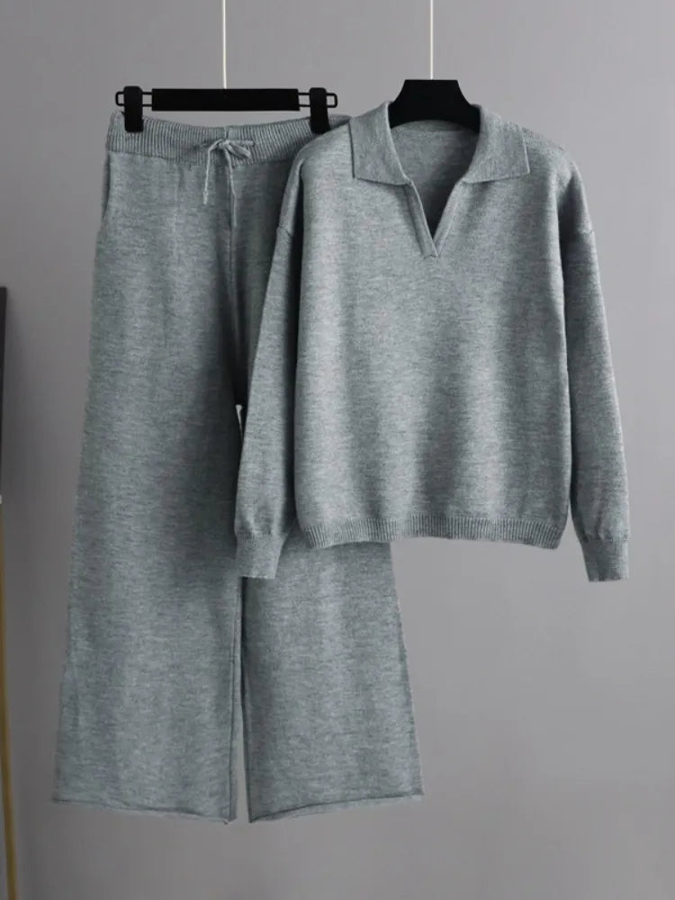 W&W Mode - 2 Stück Set Ladies Oversized Trainingsanzug Polo Kragen Pullover und Hose