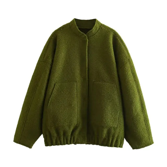 W&W Mode - Damen Oversize-Bomberjacke mit Taschen und Druckknopf-Design