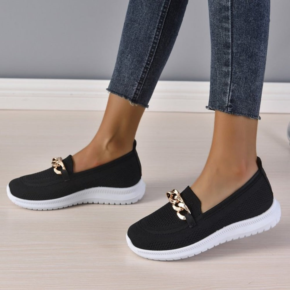 W&W Mode - Atmungsaktive Slip-On-Loafer aus Mesh für Damen mit Kettendekor | Leichte, lässige Slip-On-Loafer für Damen