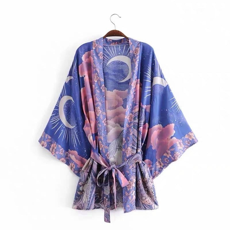 W&W Mode Strandkimono mit „Mystic Blue Moon Starrynight“-Aufdruck