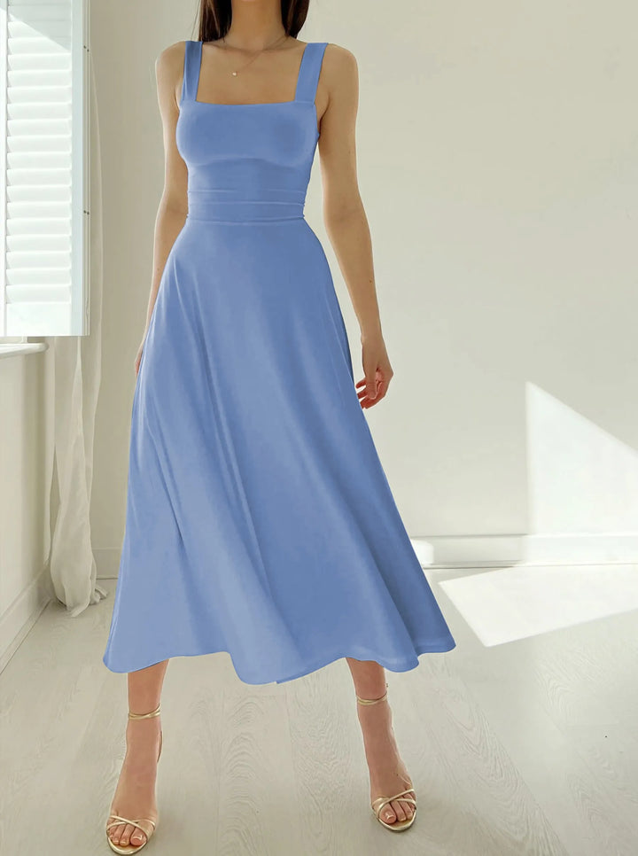 Damen Midikleid mit breiten Trägern, quadratischem Ausschnitt und Korsett-Taille