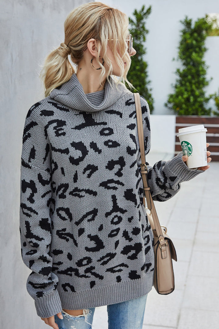 W&W Mode Lockere Leopardenmuster Umlegekragen Pullover