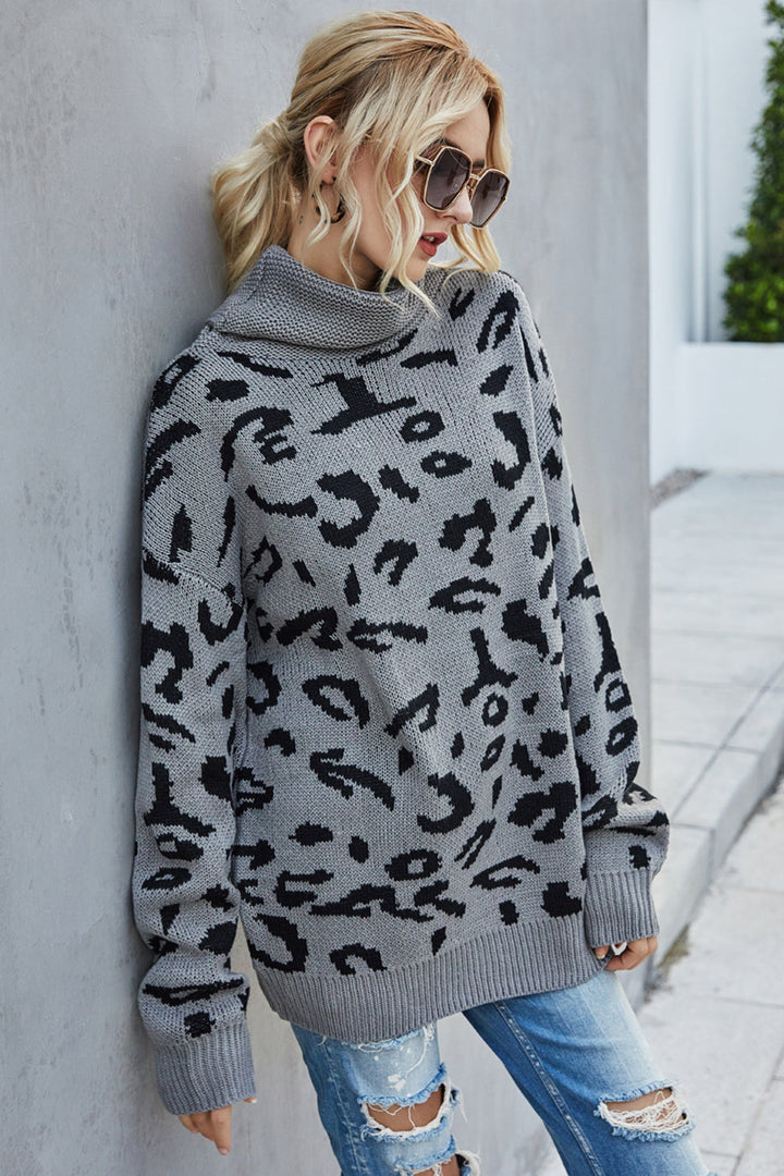 W&W Mode Lockere Leopardenmuster Umlegekragen Pullover
