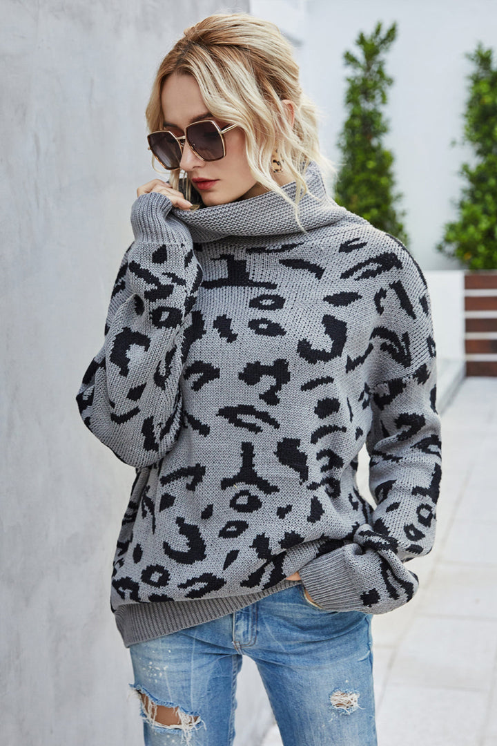 W&W Mode Lockere Leopardenmuster Umlegekragen Pullover