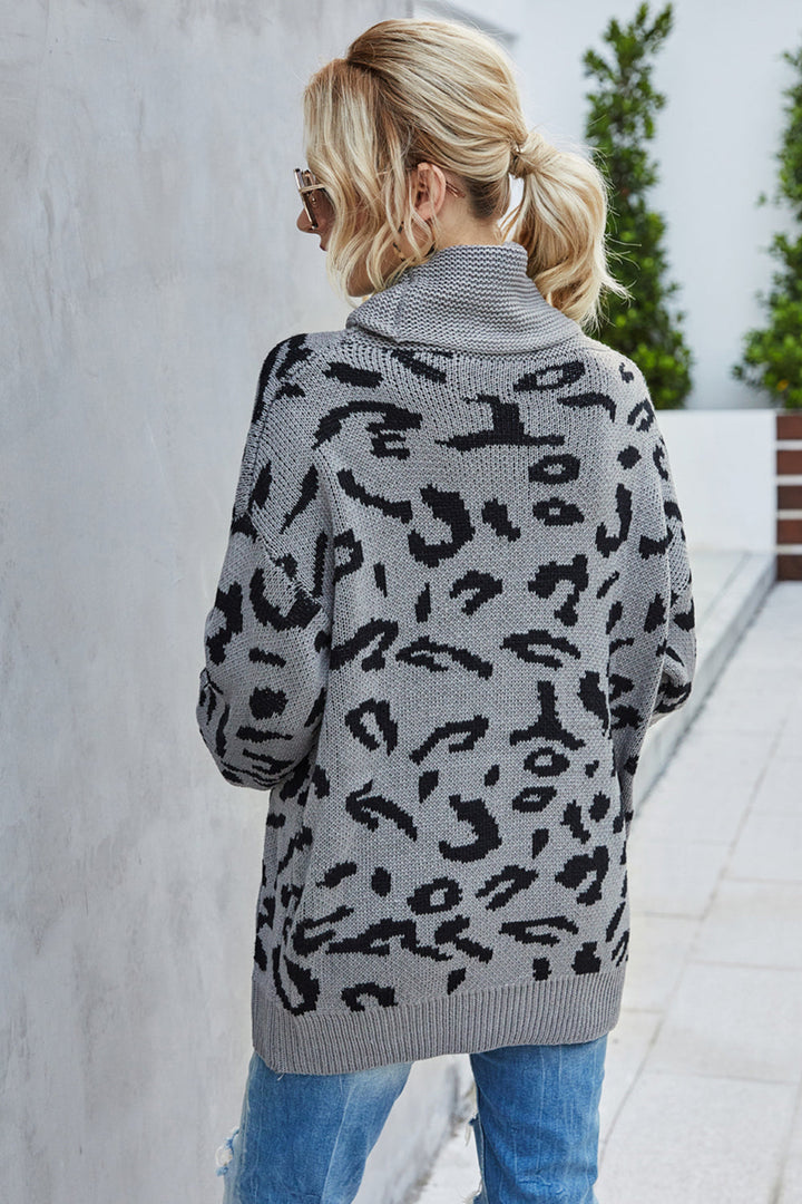 W&W Mode Lockere Leopardenmuster Umlegekragen Pullover