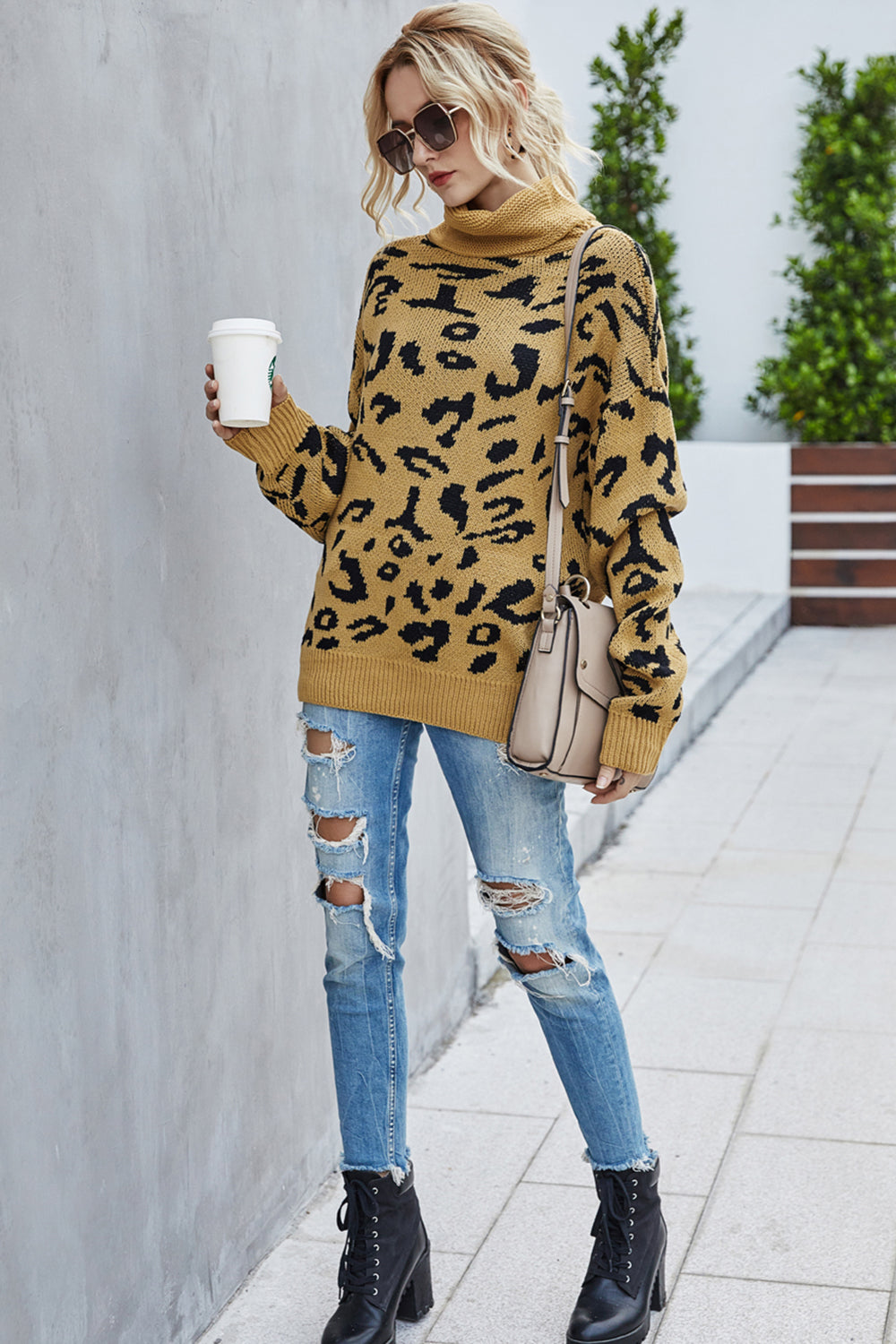 W&W Mode Lockere Leopardenmuster Umlegekragen Pullover