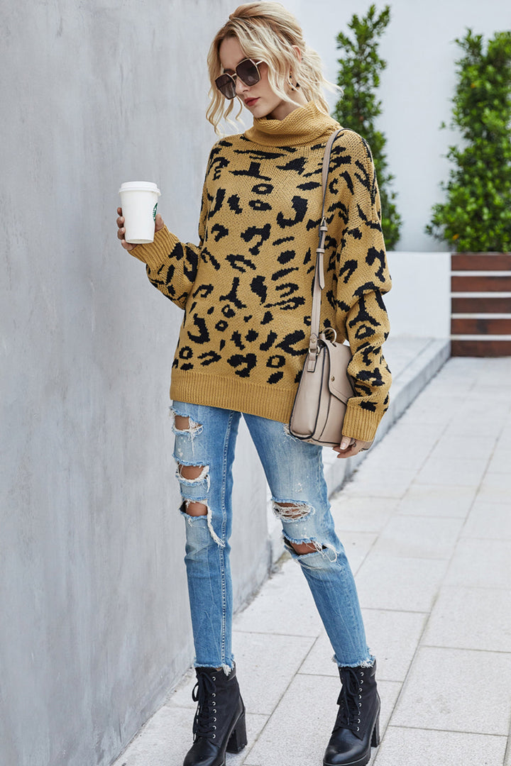 W&W Mode Lockere Leopardenmuster Umlegekragen Pullover