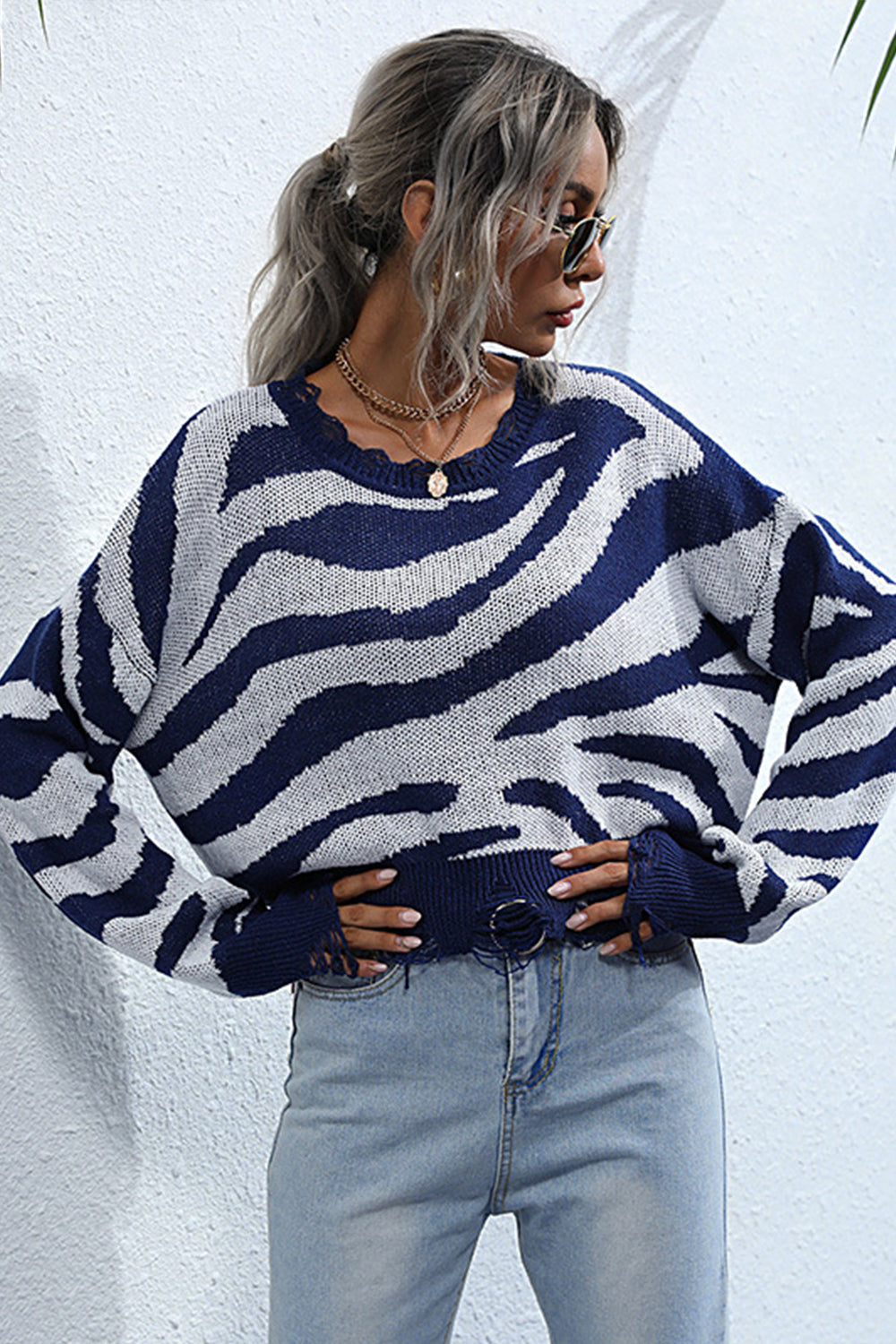 W&W Mode Gestreifter Print Gestrickter Rundhalsausschnitt Pullover