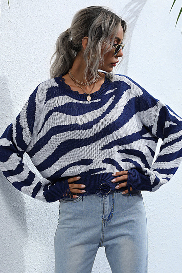 W&W Mode Gestreifter Print Gestrickter Rundhalsausschnitt Pullover
