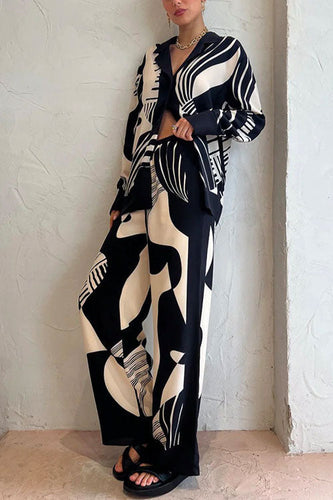 W&W Mode | Rosiedress Grafik Druck Langarm Bluse Shirt Weite Beinform Hose 2 Teile Set