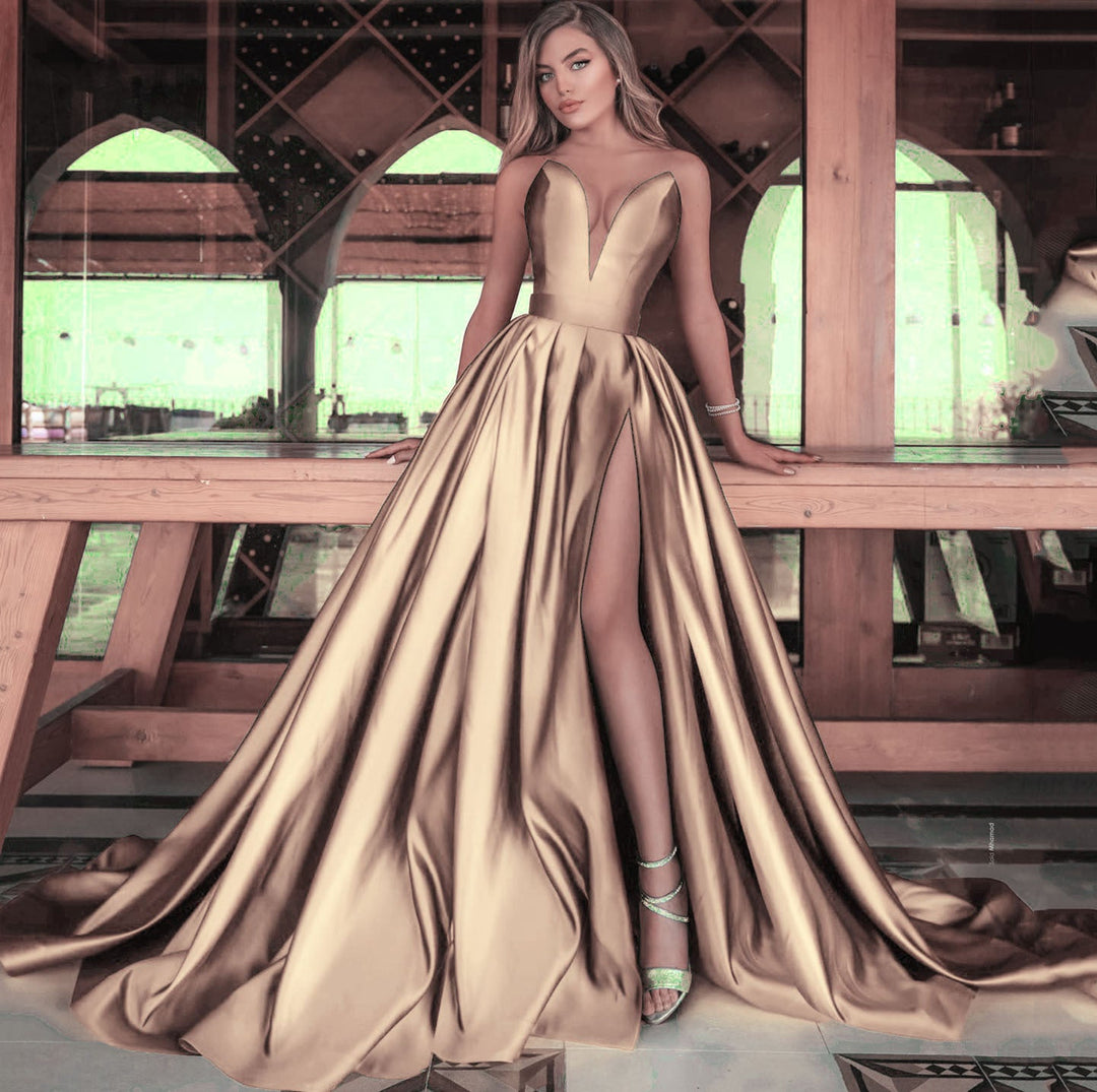 Damen A-Linien Maxikleid mit tiefem V-Ausschnitt und elegantem Schlitz W&W Mode