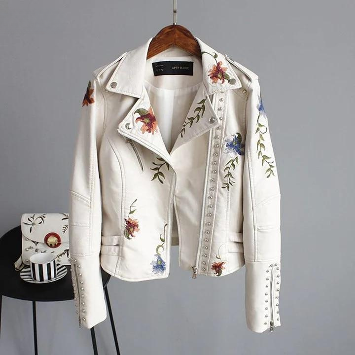 W&W Mode | Lederjacke mit Blumenstickerei