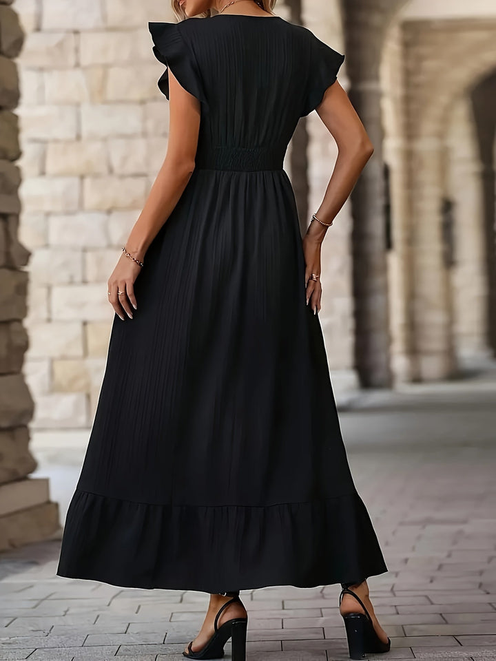 Elegantes Kleid mit V-Ausschnitt, hoher Taille und Rüschenärmeln