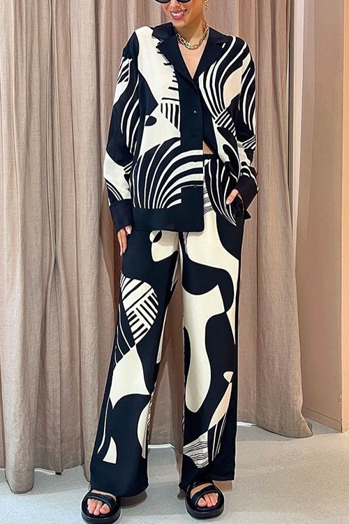 W&W Mode | Rosiedress Grafik Druck Langarm Bluse Shirt Weite Beinform Hose 2 Teile Set