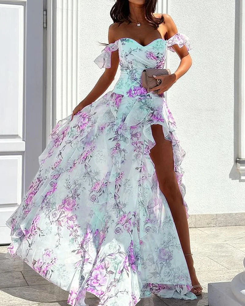 Damen-Maxikleid mit Blumenmuster, V-Ausschnitt und hoher Seitenschlitz