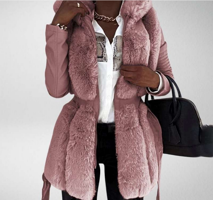 W&W Mode Stil Pelz Gürtel Gürtel Mit Kapuze Zipper Jacke für Damen
