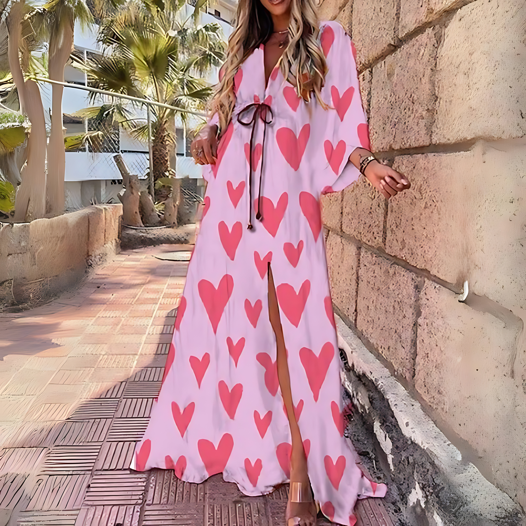 Damen-Boho-Maxikleid mit langen Ärmeln und Taillengürtel