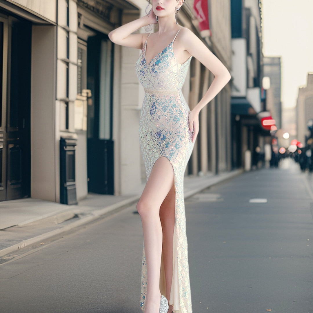 W&W Mode - Luxuriöses Pailletten Kleid mit seitlichem Schlitz